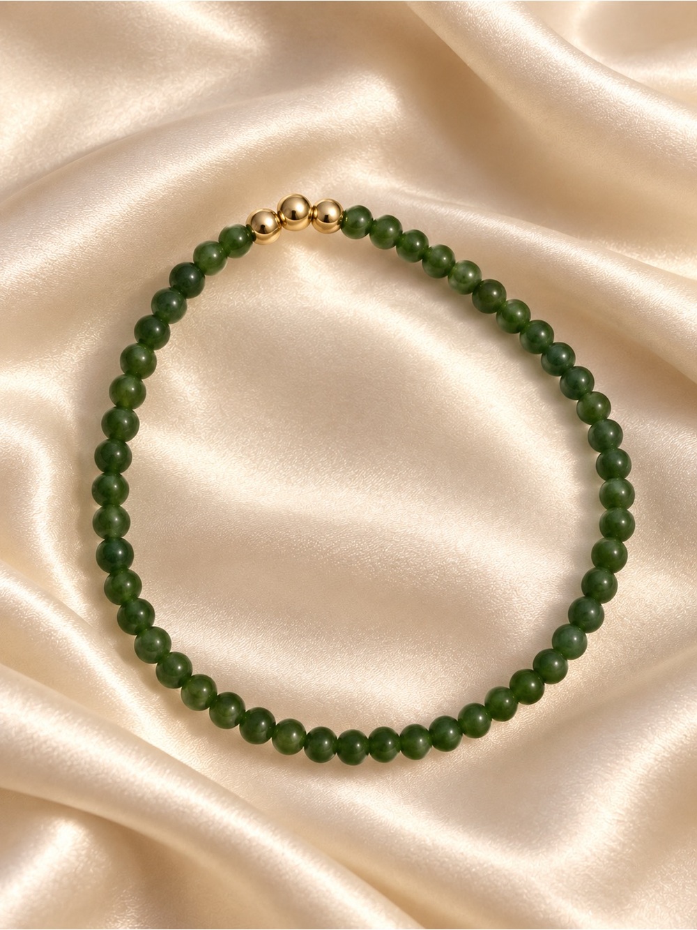 14K Gold & Green Jade Beaded Stretch Bracelet – Three Gold Accents